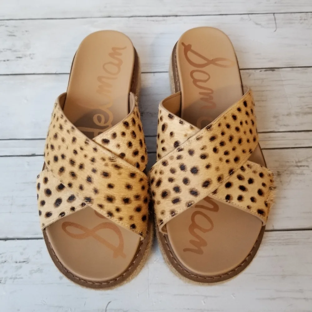 Sam Edelman Korina Leopard Print Calf Hair Espadrille Platform Slide Sandals